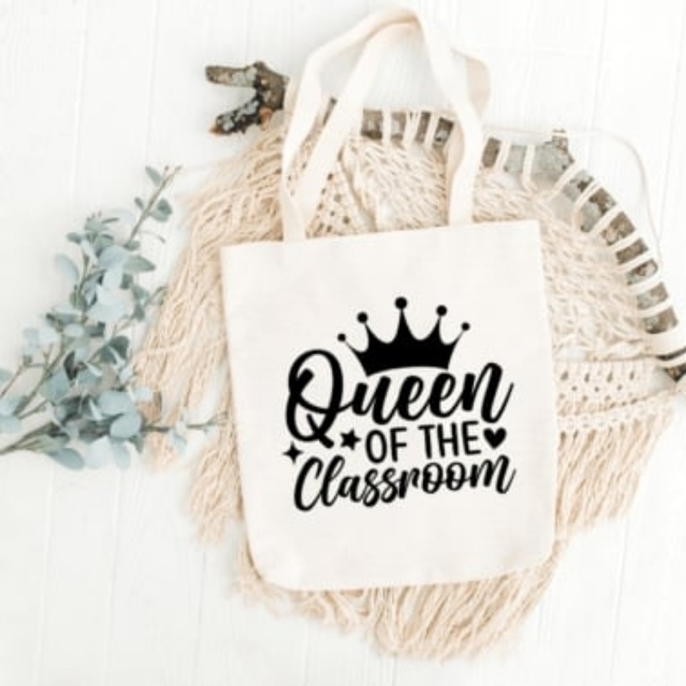 Custom Natural Canvas Teacher Tote Queen Of The Classroom